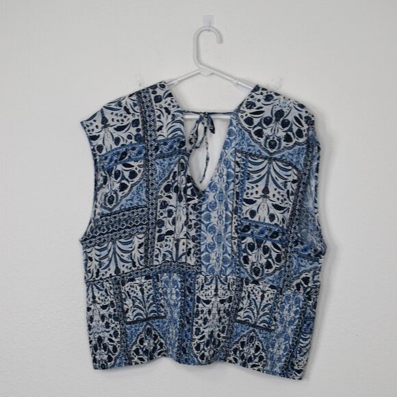 Old Navy Floral Crop Top Sz XXL Smocked Waist Back Tie Boho Peasant Coastal Blue - Picture 6 of 14